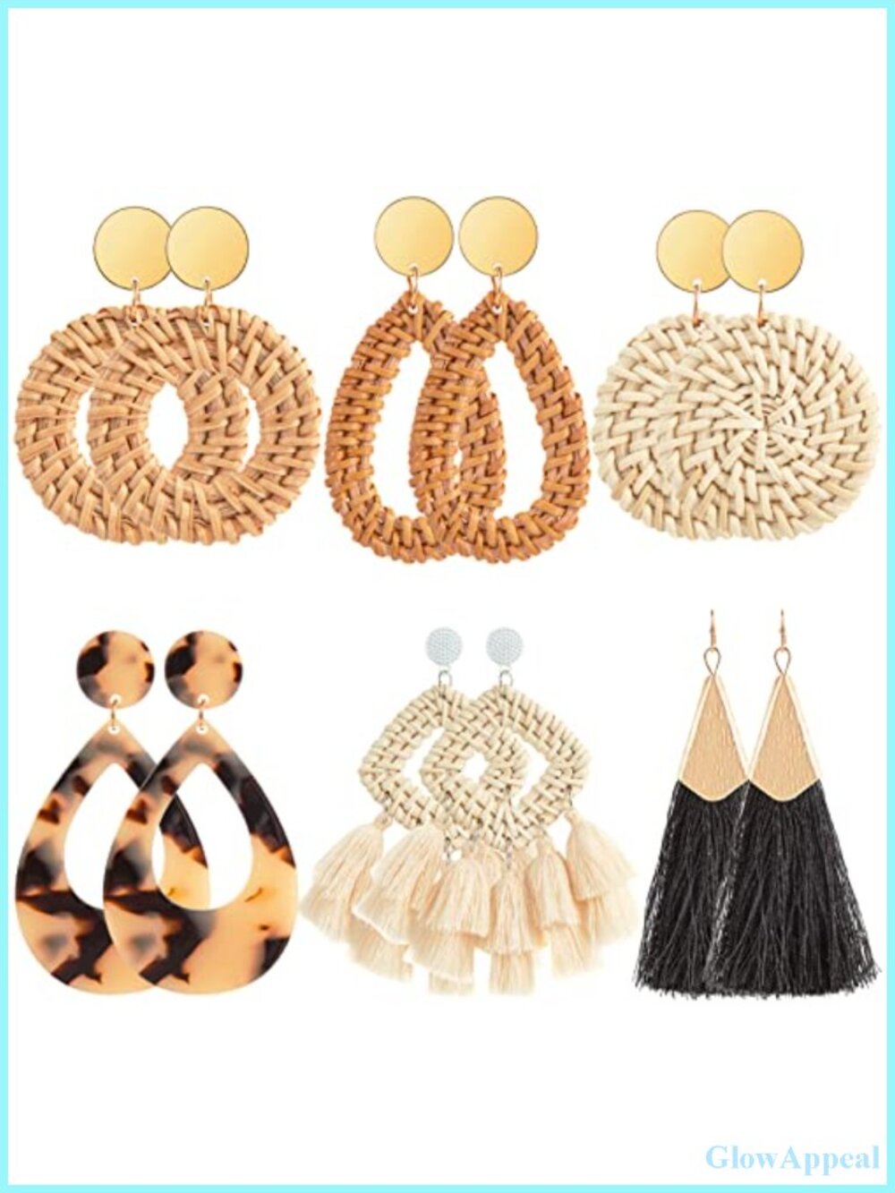6 Pairs Rattan Earrings for Women, Lightweight Geometric Hoop Dangle Drop